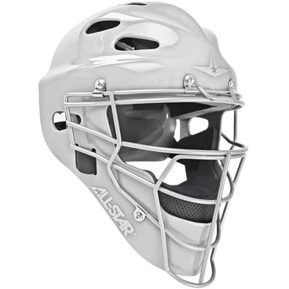 The All Star Heiress Fastpitch Catcher's Kit: CKW-H includes a white helmet with a metal face guard, black padding, ventilation holes, and the All Star logo—perfect for any fastpitch catcher or travel ball player.