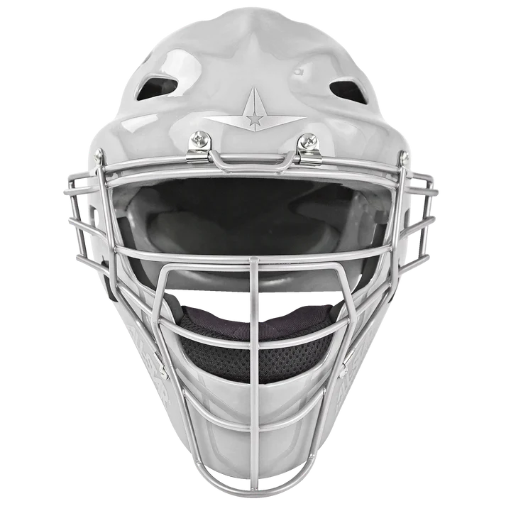 The All Star Heiress Fastpitch Catcher's Kit: CKW-H is a white helmet with a face mask, ideal for any fastpitch catching kit or travel ball catcher.