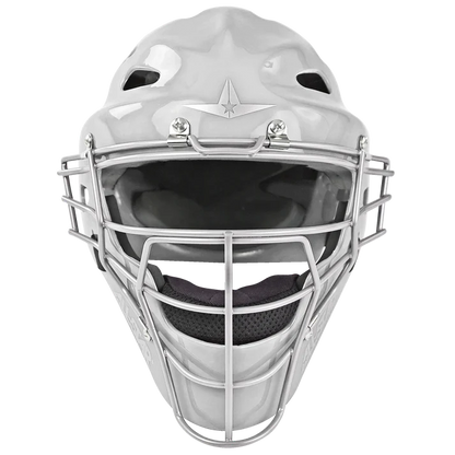The All Star Heiress Fastpitch Catcher's Kit: CKW-H is a white helmet with a face mask, ideal for any fastpitch catching kit or travel ball catcher.