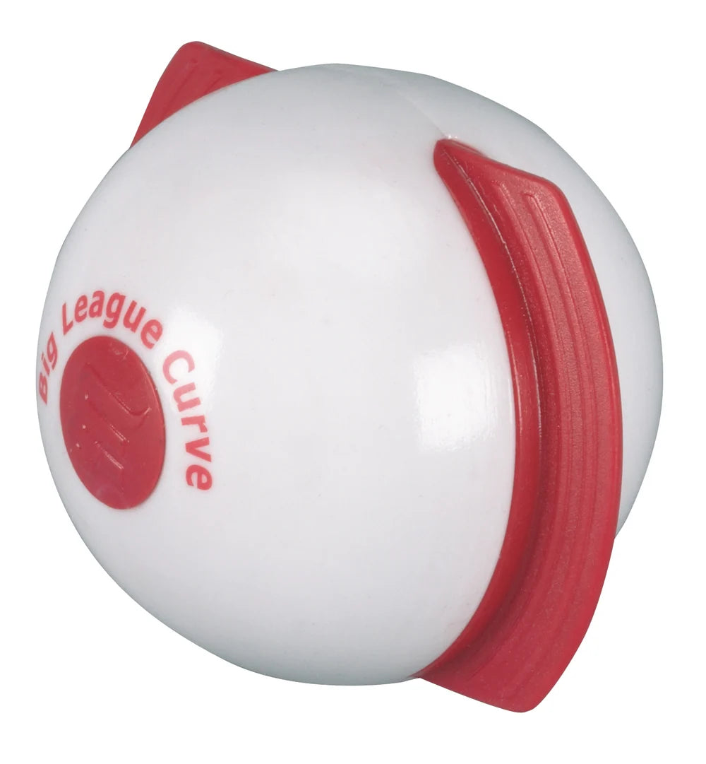 Markwort Big League Curve Training Baseball: CURVE, a white baseball-sized training ball with two red plastic fins and the text Big League Curve printed in red.