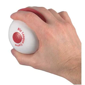 A hand holds a white Markwort Big League Curve Training Baseball: CURVE featuring a red rubber ring around the top and red lettering on the side.