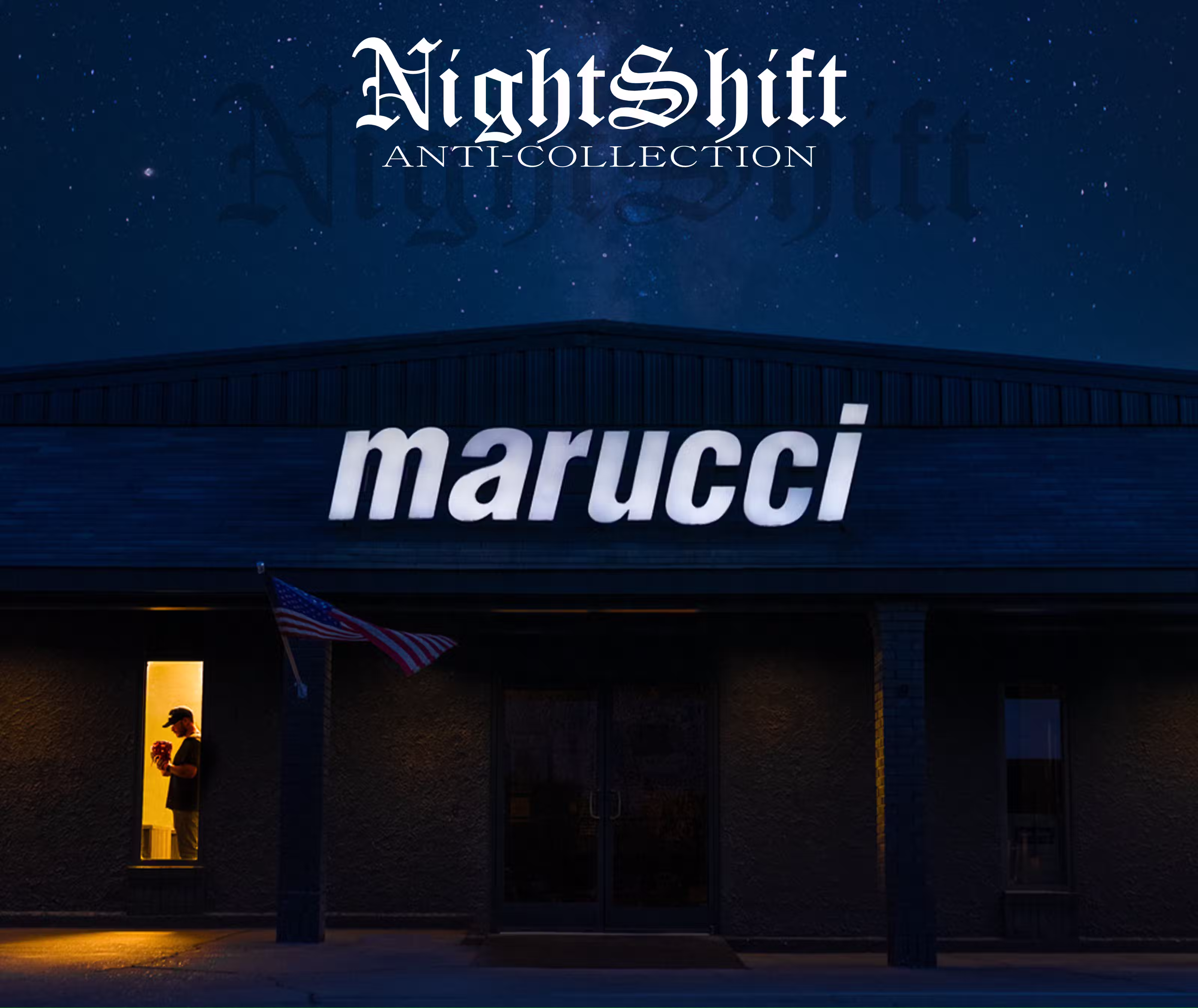 A building with a large marucci sign is shown at night. An American flag is displayed outside. A person inside, near a lit window, holds something. The text NightShift Anti-Collection appears at the top.