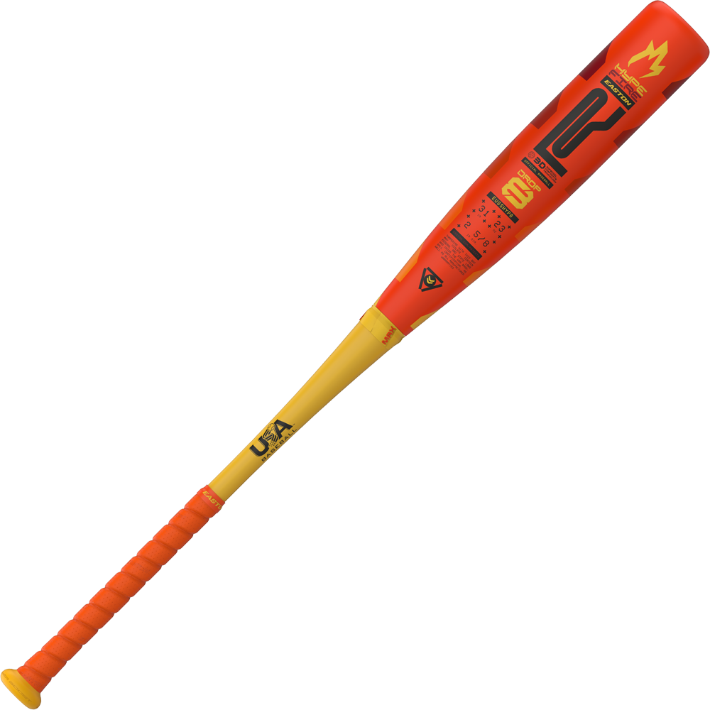 The 2025 Easton Hype Fire (-8) USA Baseball Bat features a red and yellow design, textured grip, USA Baseball logo on the handle, bold barrel graphics with a stylized crown, and the text "CAT.