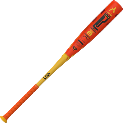 The 2025 Easton Hype Fire (-8) USA Baseball Bat features a red and yellow design, textured grip, USA Baseball logo on the handle, bold barrel graphics with a stylized crown, and the text "CAT.