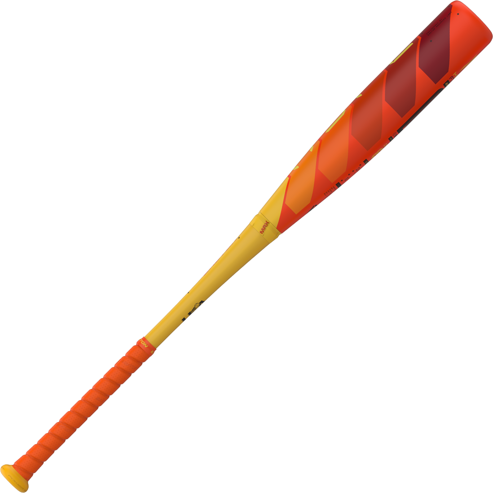 The 2025 Easton Hype Fire (-5) USA Baseball Bat (EUS5HYP5) features a yellow handle, red-orange grip, and a gradient barrel from yellow to red with angular patterns, plus advanced 3D Ropecoil composite technology.