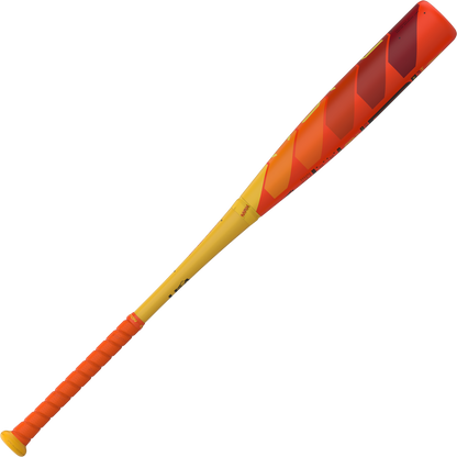 The 2025 Easton Hype Fire (-5) USA Baseball Bat (EUS5HYP5) features a yellow handle, red-orange grip, and a gradient barrel from yellow to red with angular patterns, plus advanced 3D Ropecoil composite technology.