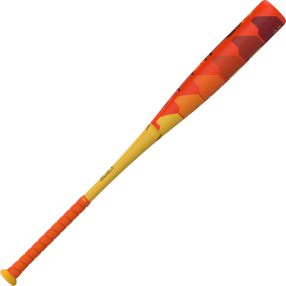 A composite Easton 2025 Hype Fire (-8) USA Baseball Bat with a yellow handle and grip, blending into an orange-red barrel with a geometric design—model EUS5HYP8.