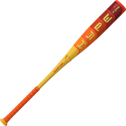 The 2025 Easton Hype Fire (-5) 2 5/8" USA Baseball Bat (EUS5HYP5) features bold "HYPE" lettering, Easton branding near the handle, an orange grip, and a modern yellow-orange design with advanced 3D Ropecoil composite technology.