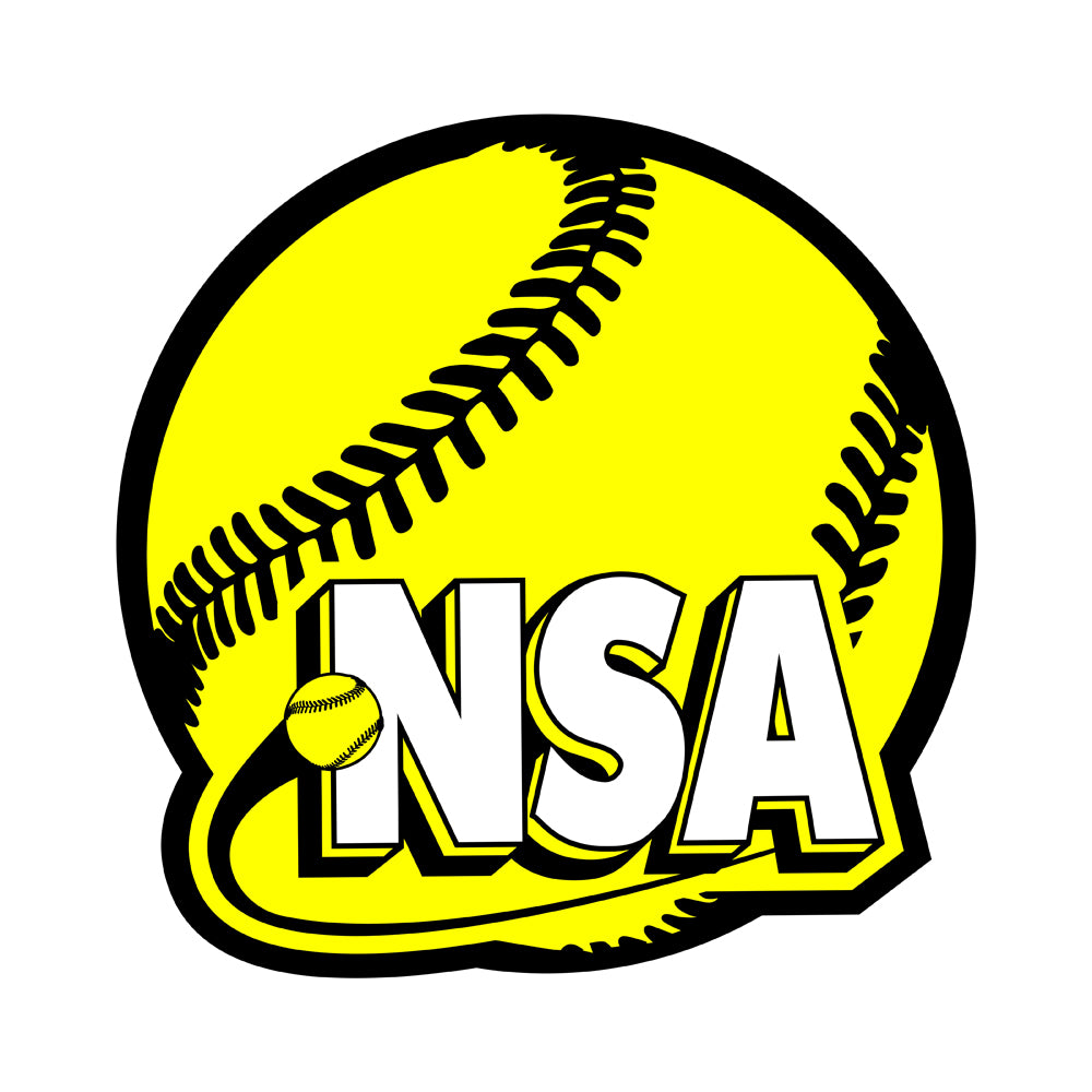 The NSA Softball 3D Rubber Clog Charm by DSG Apparel is a large yellow softball with black stitching, featuring bold white “NSA” lettering—ideal for custom jibbitz or adding sporty flair to your shoe charms collection.
