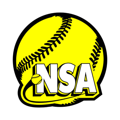 The NSA Softball 3D Rubber Clog Charm by DSG Apparel is a large yellow softball with black stitching, featuring bold white “NSA” lettering—ideal for custom jibbitz or adding sporty flair to your shoe charms collection.