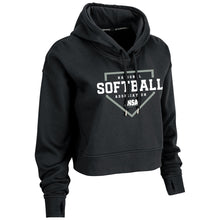 The Champro Sports National Softball Association NSA Home Plate Women's Crop Hoodie features a cozy fleece design with a hood, drawstrings, and bold white NSA lettering inside a home plate graphic on the front for sporty style and comfort.