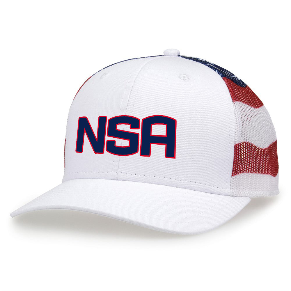 The Game Headwear NSA Classic Series USA Flag Snapback Hat (GB452US) features a white front with a bold blue and red NSA logo, plus mesh sides and back styled like the American flag with red, white, and blue stripes and stars.