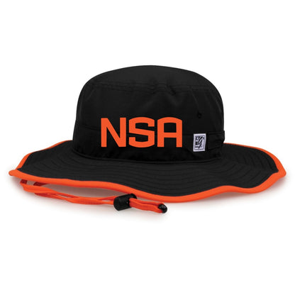 The Game Headwear NSA Classic Series Bucket Hat: GB400 features a black and orange design with orange trim—perfect for sun protection and any softball association event.
