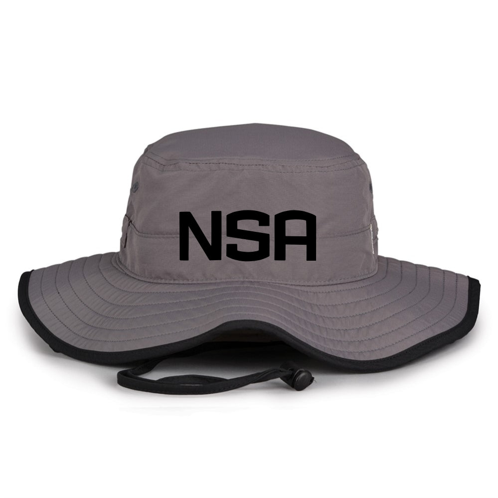 The Game Headwear NSA Classic Series Bucket Hat: GB400 is a gray bucket hat with a wide brim and chin strap, featuring bold "NSA" lettering—a stylish sun protection choice for softball association fans.