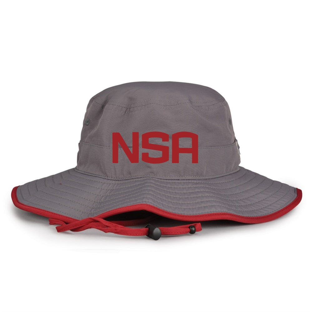 The Game Headwear NSA Classic Series Bucket Hat: GB400 in grey and red features bold red text—combining style and sun protection, ideal for any softball association event.
