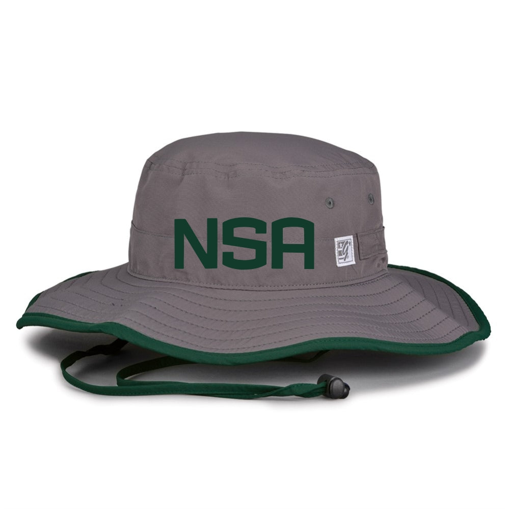 The NSA Classic Series Bucket Hat: GB400 by Game Headwear is a gray hat with a green edge and chin strap, offering stylish sun protection and featuring bold green NSA letters on the front.