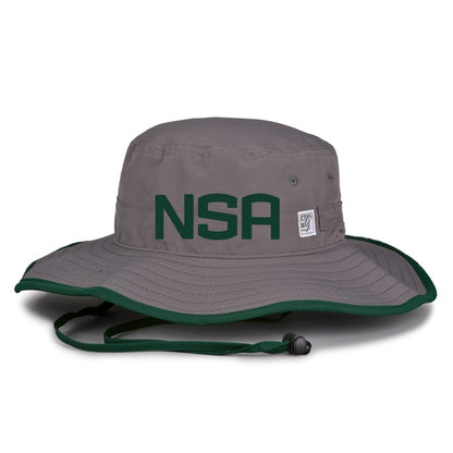The NSA Classic Series Bucket Hat: GB400 by Game Headwear is a gray hat with a green edge and chin strap, offering stylish sun protection and featuring bold green NSA letters on the front.