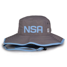 The Game Headwear NSA Classic Series Bucket Hat: GB400 is a gray bucket hat with light blue trim, bold blue NSA letters, and chin strap—ideal for sun protection at outdoor games or as a softball association hat.