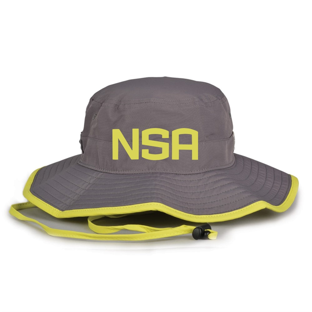 The Game Headwear NSA Classic Series Bucket Hat: GB400 is a gray bucket hat with yellow trim, chin strap, and bold yellow NSA lettering—ideal as a softball association hat, providing great sun protection for outdoor activities.