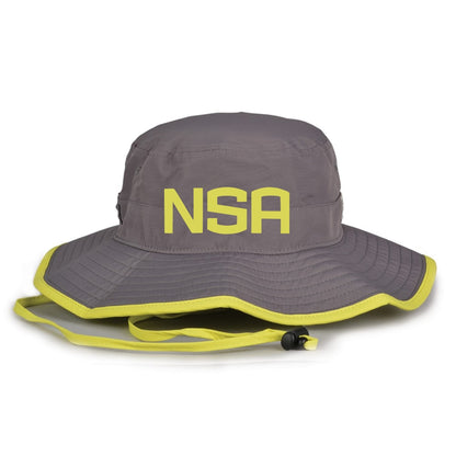 The Game Headwear NSA Classic Series Bucket Hat: GB400 is a gray bucket hat with yellow trim, chin strap, and bold yellow NSA lettering—ideal as a softball association hat, providing great sun protection for outdoor activities.