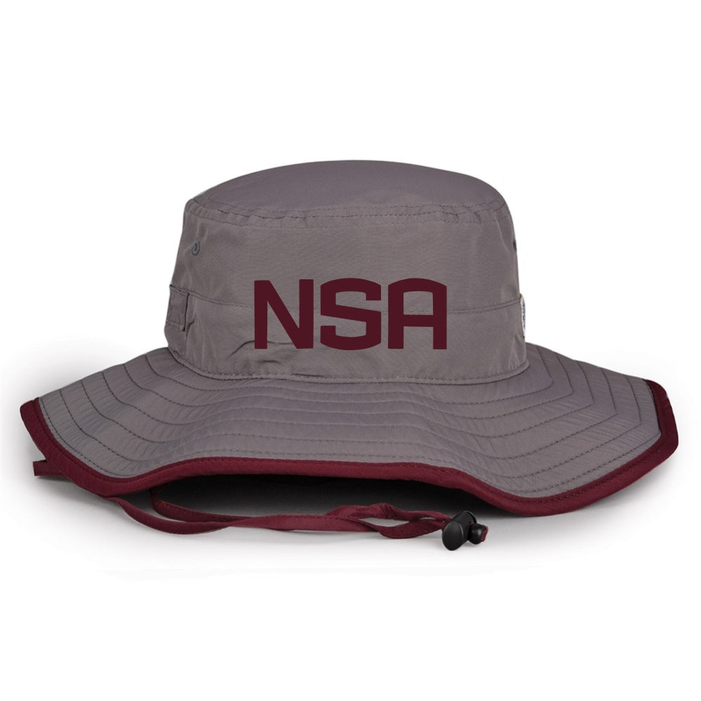 The Game Headwear NSA Classic Series Bucket Hat: GB400 features a wide gray brim with maroon trim, an adjustable chin strap, and large maroon NSA letters—ideal sun protection for any softball association event.