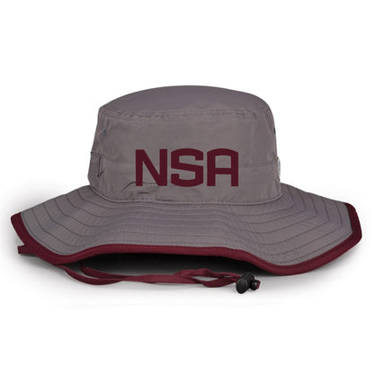 The Game Headwear NSA Classic Series Bucket Hat: GB400 features a wide gray brim with maroon trim, an adjustable chin strap, and large maroon NSA letters—ideal sun protection for any softball association event.