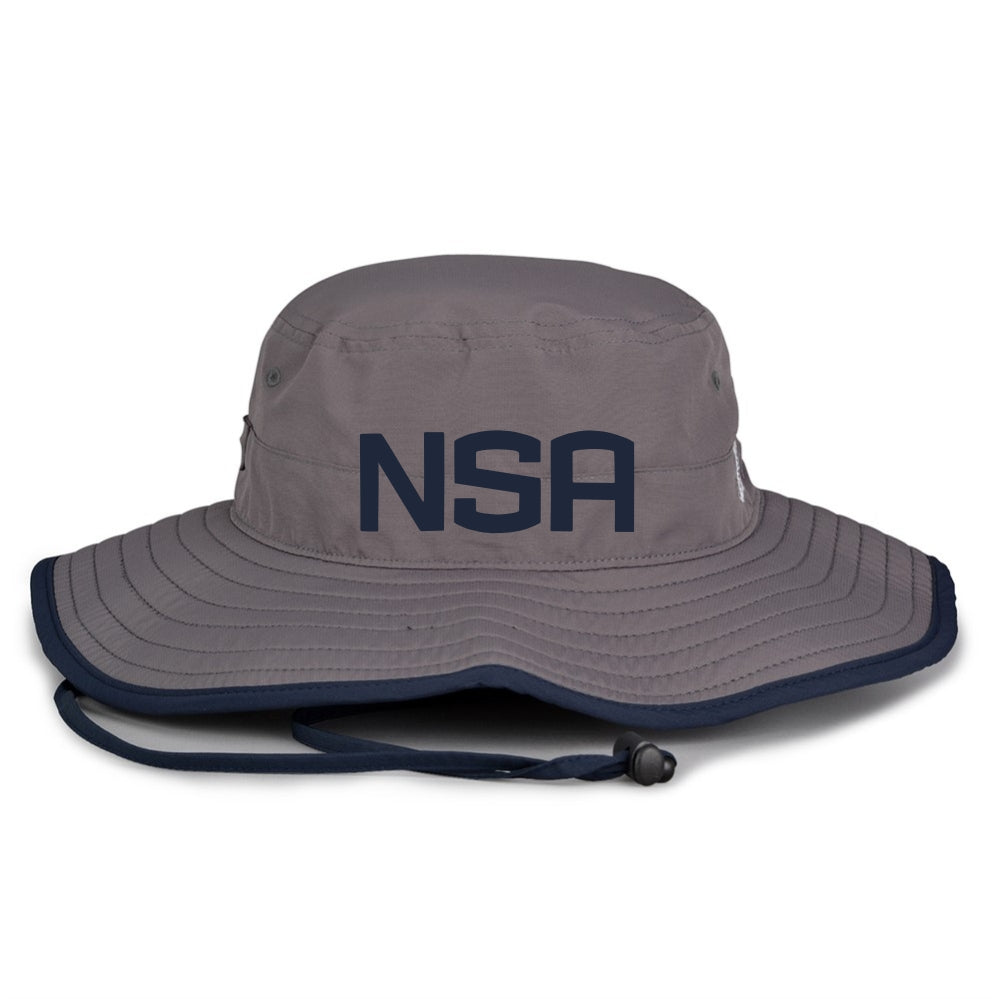 The Game Headwear NSA Classic Series Bucket Hat: GB400 is gray with a wide brim for sun protection, bold NSA lettering on the front, and a chin strap with adjustable toggle.