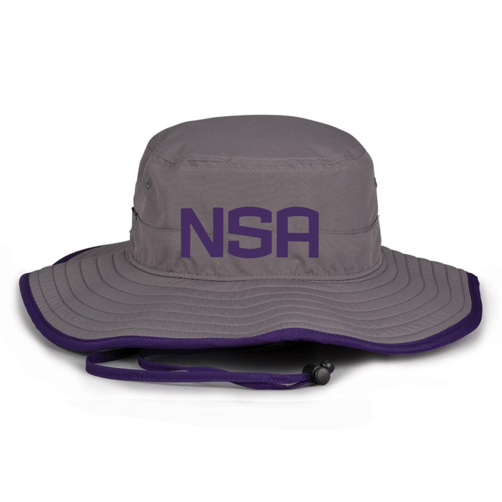 The Game Headwear NSA Classic Series Bucket Hat: GB400 in grey and purple offers stylish sun protection for outdoor events.