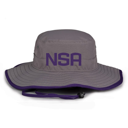 The Game Headwear NSA Classic Series Bucket Hat: GB400 in grey and purple offers stylish sun protection for outdoor events.