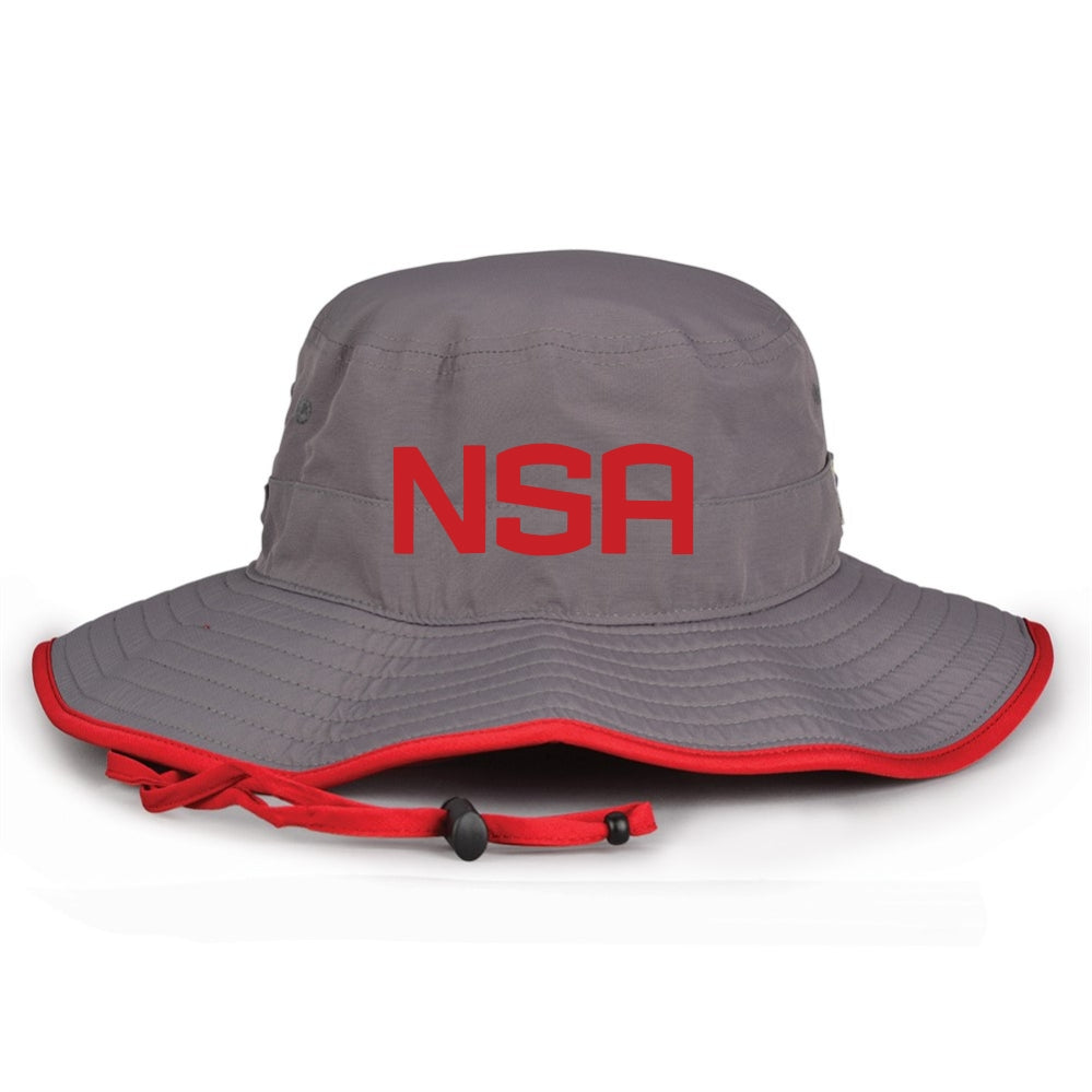 The Game Headwear NSA Classic Series Bucket Hat: GB400 in grey and red offers great sun protection—ideal for any softball association member.