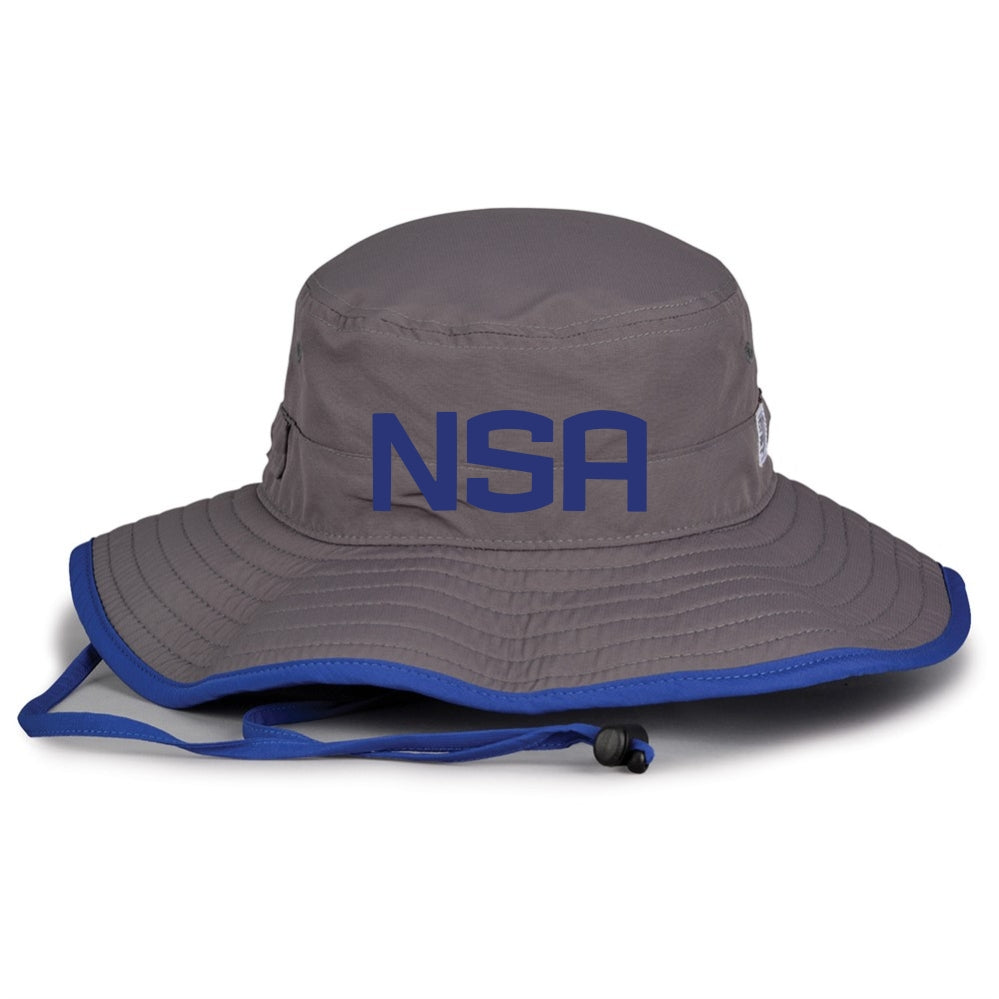 The NSA Classic Series Bucket Hat: GB400 by Game Headwear is a gray hat with a blue rim, adjustable chin strap, and bold blue NSA letters—ideal for sun protection during outdoor activities.