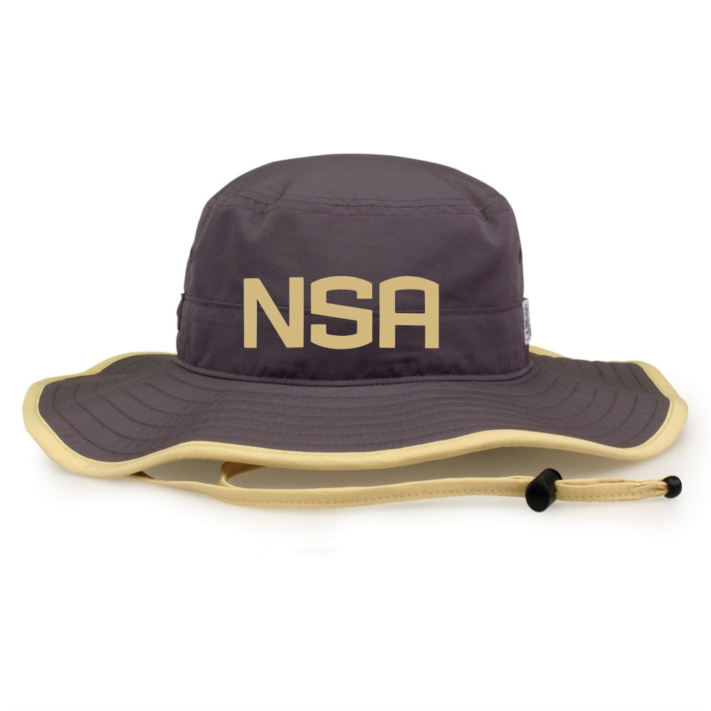 The NSA Classic Series Bucket Hat: GB400 by Game Headwear is a wide-brimmed gray hat with a beige edge and chin strap, sporting large beige NSA letters—ideal sun protection for softball association fans.