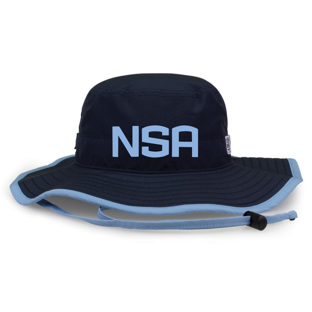 The Game Headwear NSA Classic Series Bucket Hat (GB400) in navy features light blue trim, a chin strap, and bold light blue NSA letters—ideal as sun protection for outings or as an official softball association hat.