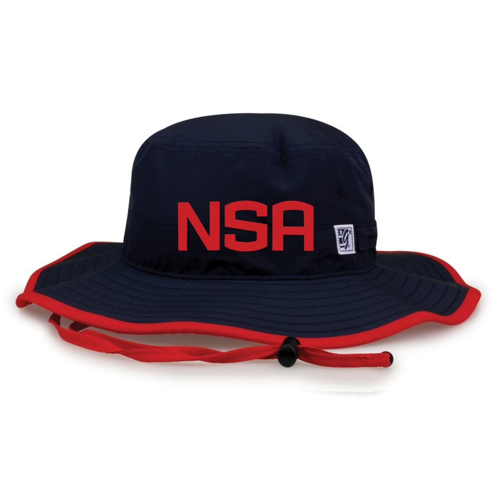 The Game Headwear NSA Classic Series Bucket Hat: GB400 features navy blue fabric, red trim, a red adjustable chin strap, and bold red "NSA" on the front—ideal for sun protection at any softball association event.