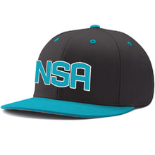 The Champro Sports NSA Classic Series Snapback Hat (HC4) features a black design with a teal brim and accents. The front showcases a bold, 3D white "NSA" logo outlined in teal, representing the National Softball Association.