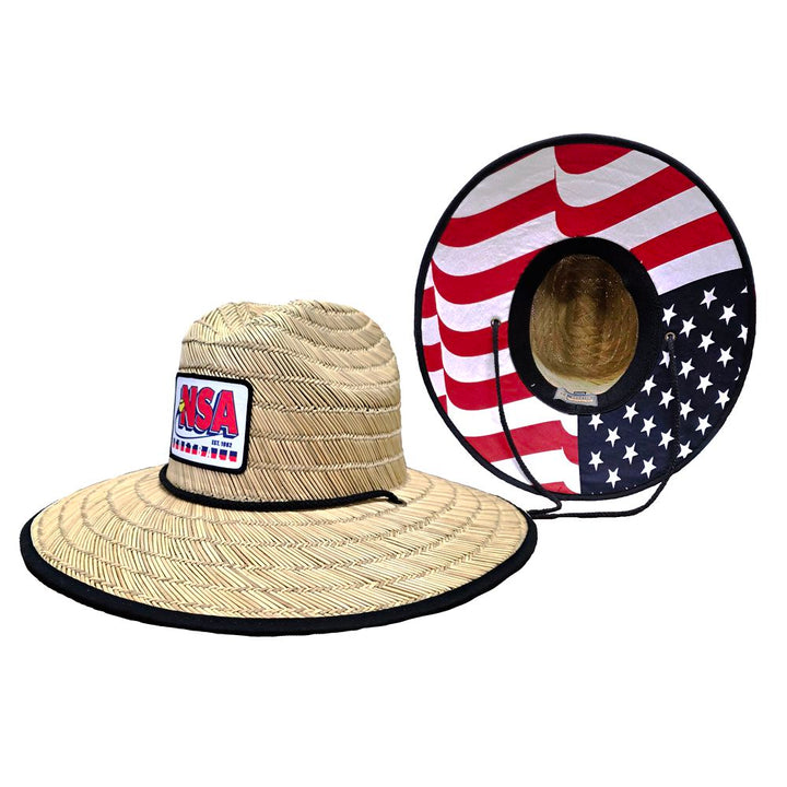 The Richardson NSA American Flag Lined Waterman Straw Hat (828-USA-NSA) features a wide brim, black trim, a "USA" patch on the front, and an underside lined with the American flag’s stars and stripes pattern.