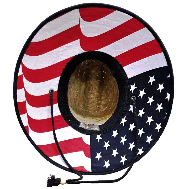 The Richardson NSA American Flag Lined Waterman Straw Hat (828-USA-NSA) features a wide brim with red and white stripes on one side and white stars on a blue background on the other.