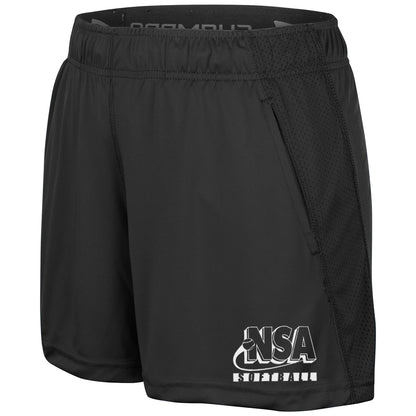 The DSG Apparel NSA Softball Limitless Women's Shorts feature an elastic waistband, mesh side panels, and "NSA SOFTBALL" in white on the lower left leg, representing the National Softball Association.