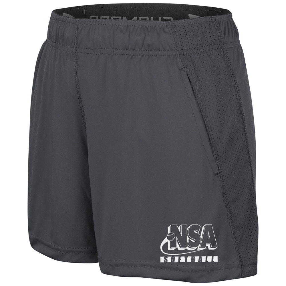 The DSG Apparel NSA Softball Limitless Women's Shorts are grey athletic shorts with a logo, ideal for softball or National Softball Association games.