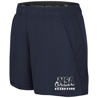 DSG Apparel's NSA Softball Limitless Women's Shorts are navy blue with an elastic waistband, side pockets, and white "NSA Softball" print on the lower left leg to show support for the National Softball Association.
