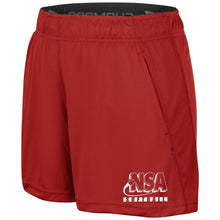 The DSG Apparel NSA Softball Limitless Women's Shorts feature red color, an elastic waistband, mesh side panels, and a white NSA Softball logo on the left leg—ideal for softball practice or game day.