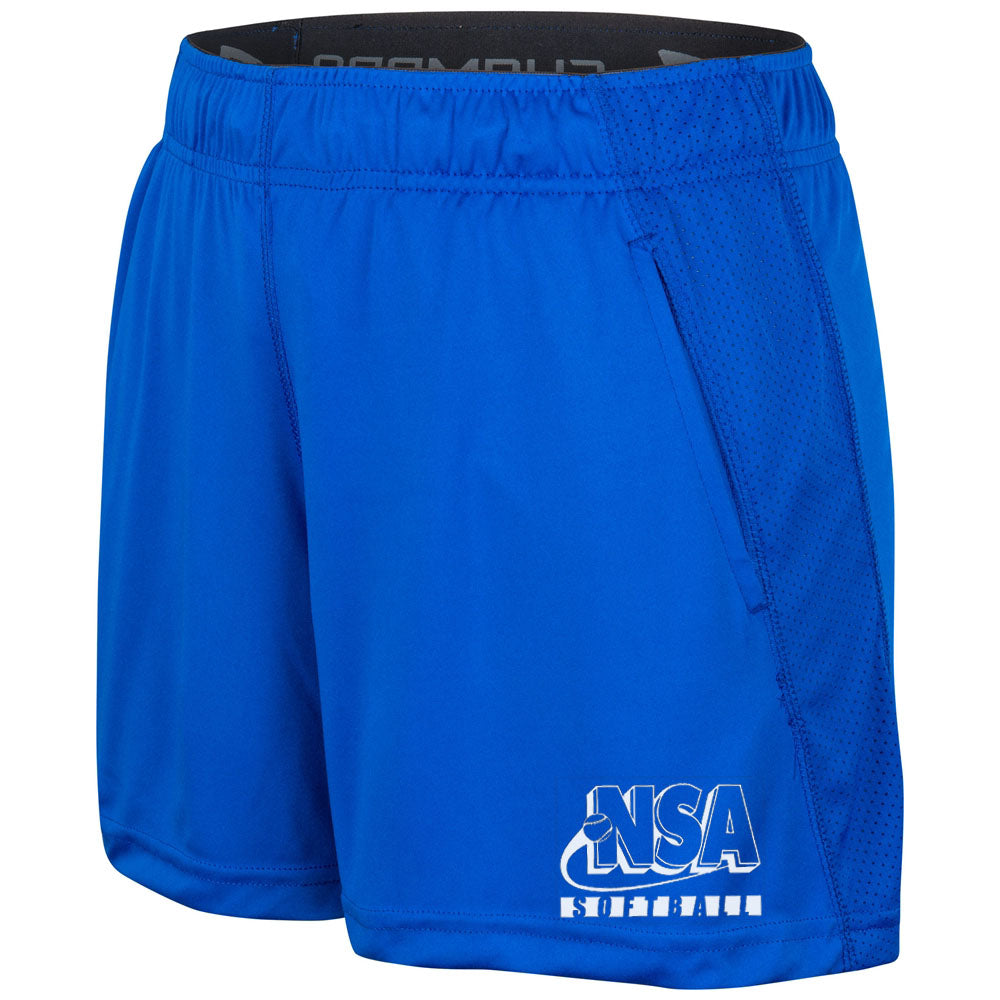 The DSG Apparel NSA Softball Limitless Women's Shorts feature an elastic waistband, side mesh panels, and a white National Softball Association Softball logo on the left leg near the hem.