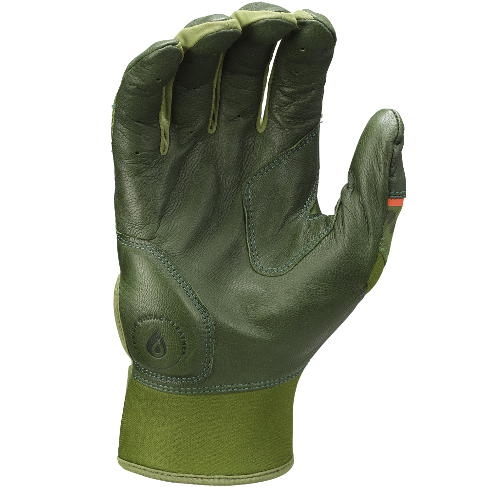 The Rawlings Workhorse Adult Batting Gloves: WH25BG in green leather feature reinforced stitching, an extended cuff, a small orange index finger accent, and Dynamic Fit System, shown against a plain white background.