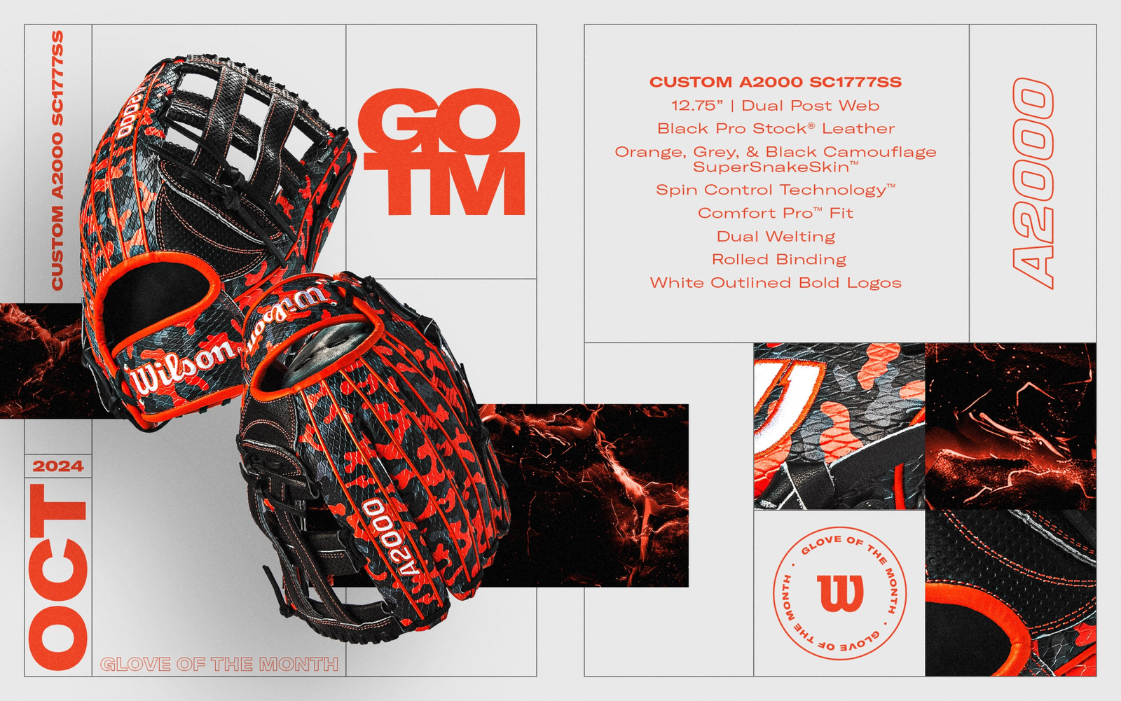 A black, orange, and grey Wilson A2000 baseball glove is displayed with design details. Text highlights its features, including Dual Post Web, Black Pro Stock leather, and Spin Control Technology. Glove of the Month for October 2024.
