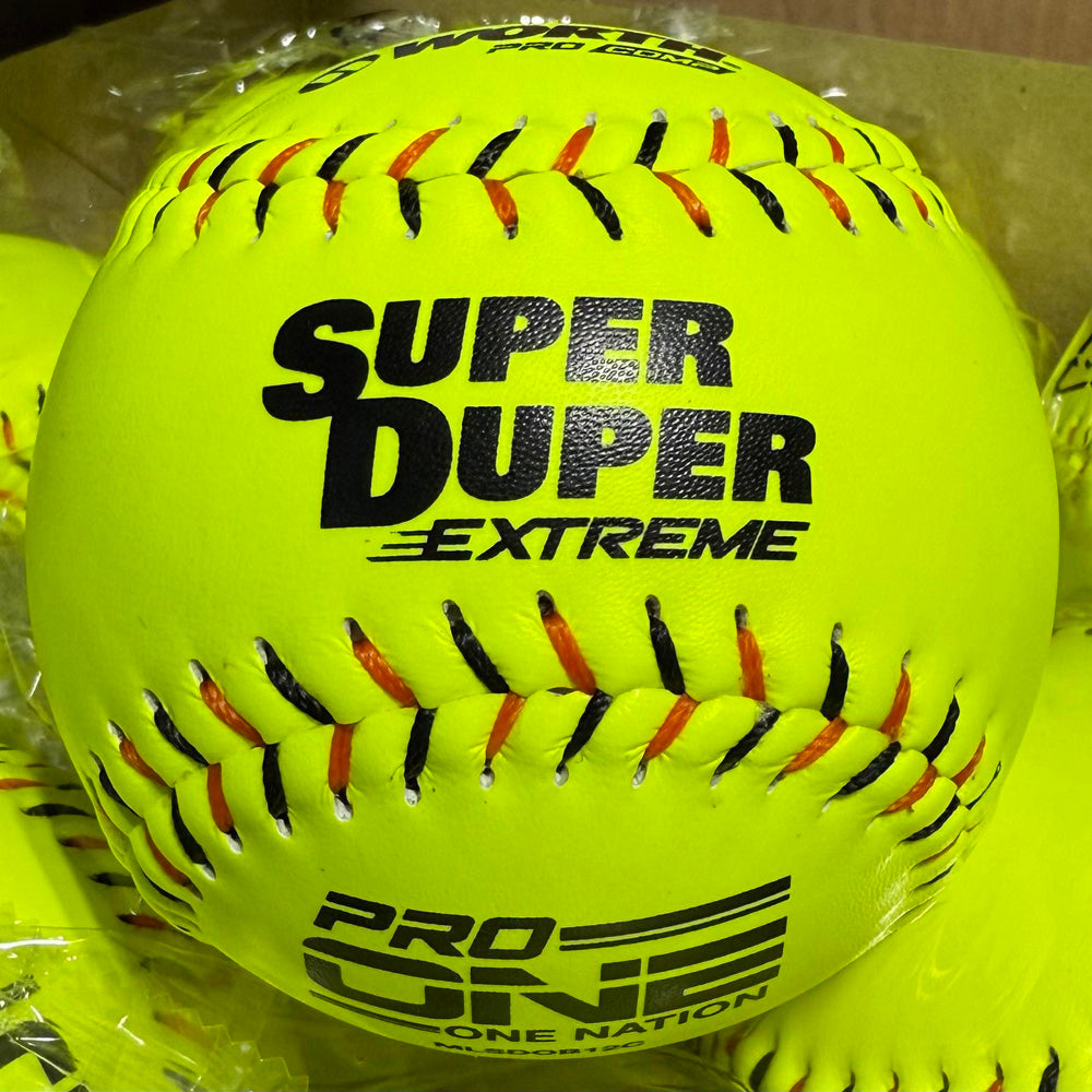 Close-up of a Worth One Nation Super Duper Extreme 12" 44/375 Composite Slowpitch Softball (MLSDOB12C) in bright yellow with red and black stitching—ideal for slowpitch games.
