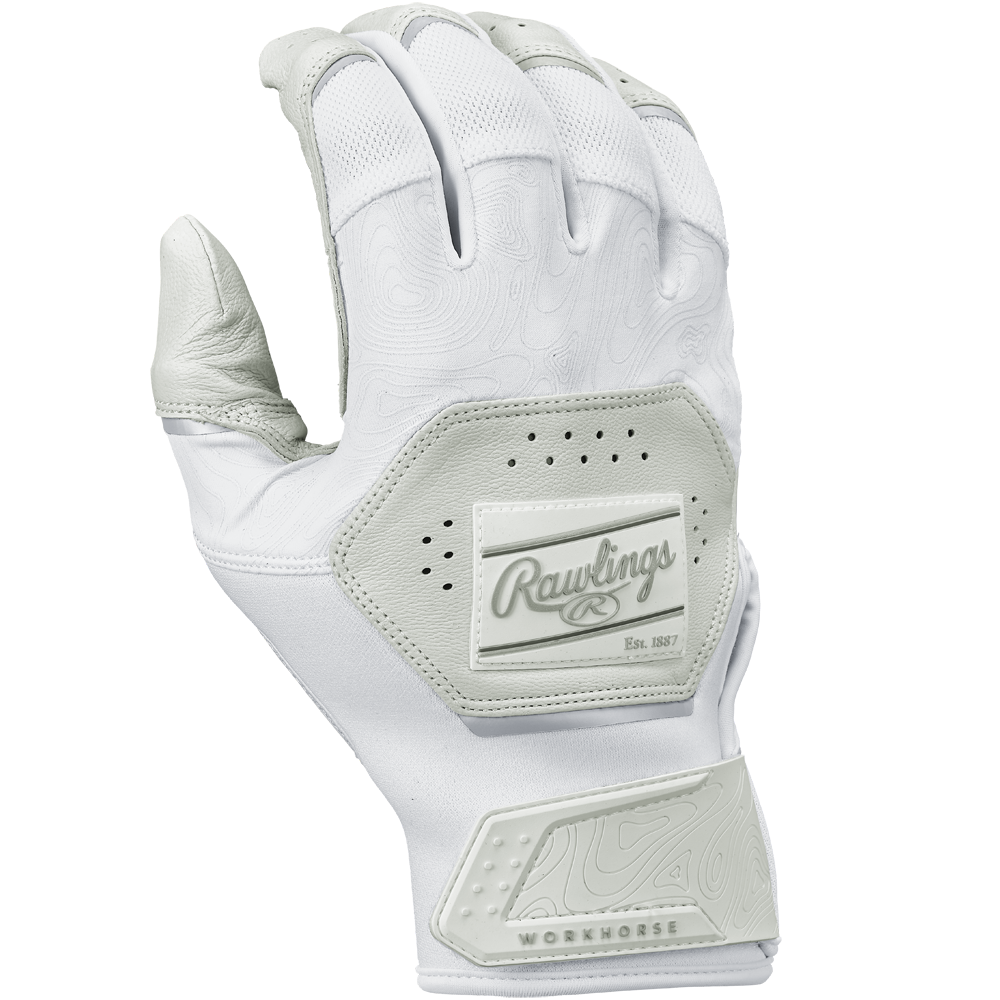 The Rawlings Workhorse Adult Batting Gloves: WH25BG feature a white design with gray accents, a textured Oitac leather palm, ventilation holes, and Rawlings branding for athletes seeking comfort and durability.