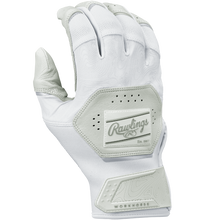 The Rawlings Workhorse Adult Batting Gloves: WH25BG feature a white design with gray accents, a textured Oitac leather palm, ventilation holes, and Rawlings branding for athletes seeking comfort and durability.