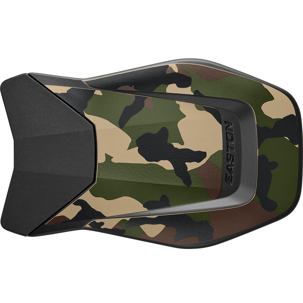 The Easton Multi-Adjust Jaw Guard: MULTIADJG features a camouflage pattern with black accents, is designed to match Easton batting helmets, and has the Easton brand name embossed on the side.