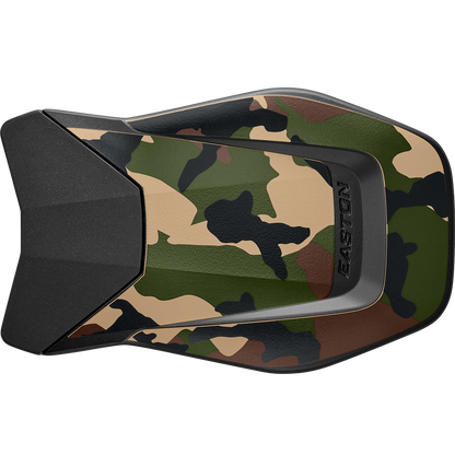 The Easton Multi-Adjust Jaw Guard: MULTIADJG features a camouflage pattern with black accents, is designed to match Easton batting helmets, and has the Easton brand name embossed on the side.