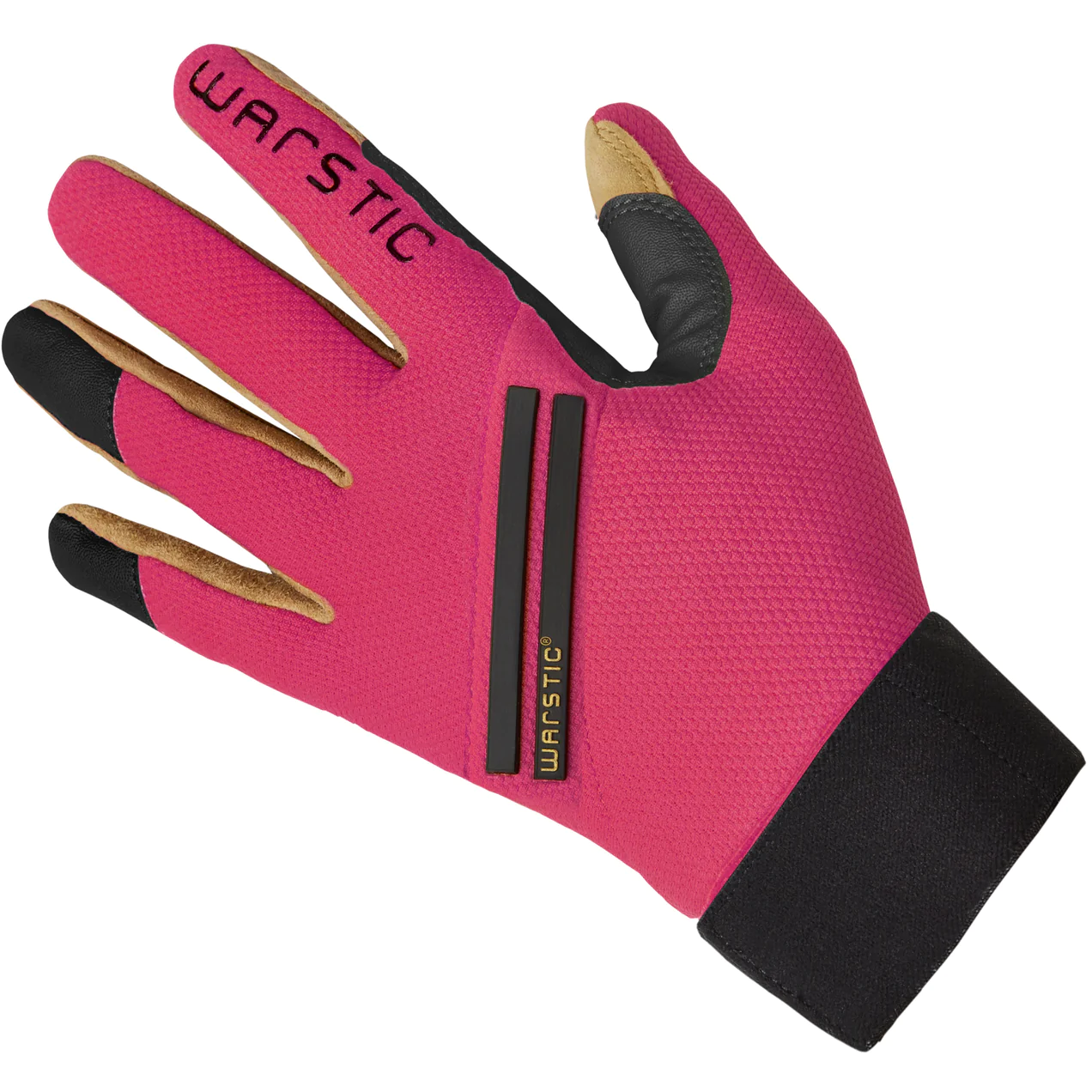 The Warstic Workman3 Adult Batting Gloves (BG-W3) feature a pink and black design with tan fingertips, black accents, a black wristband for support, and "WARSTIC" printed on the back—perfect for high-performance batting.